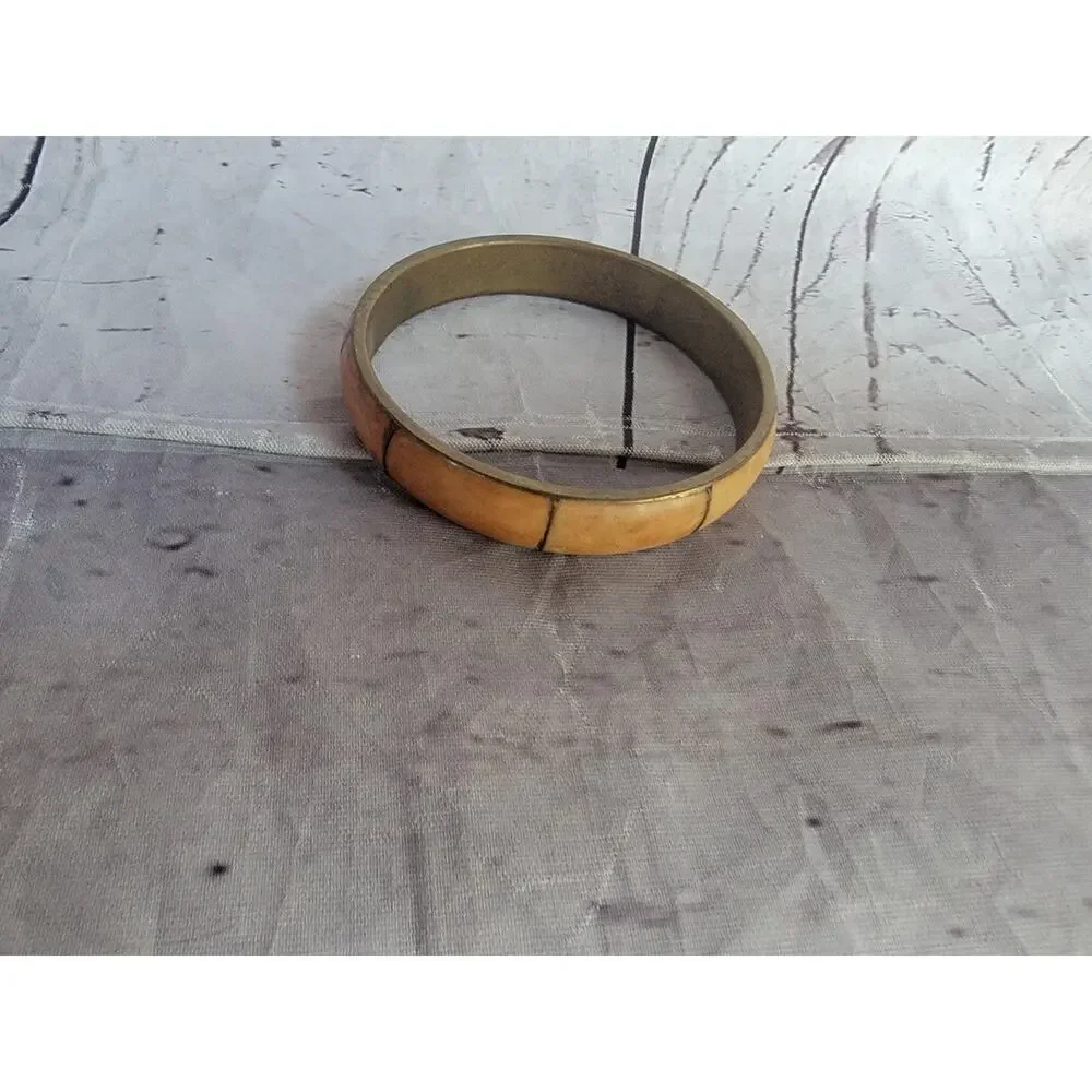 Vintage brass and inlaid bone bangle bracelet 1970s Chunky Bracelet
